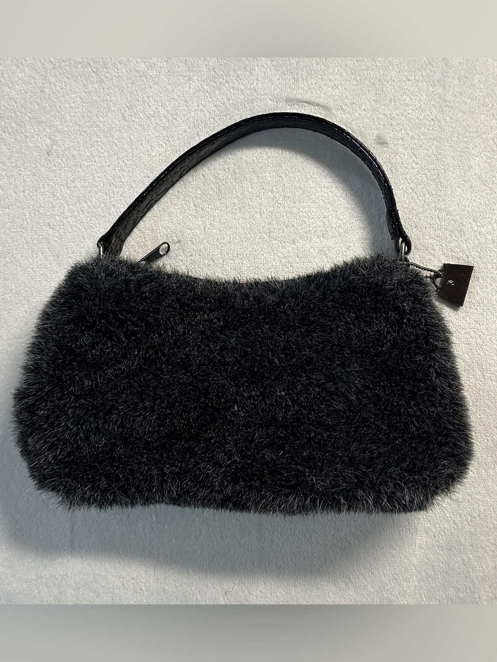 JEANNE LOTTIE vintage grey black faux fur mini full zip purse with charm